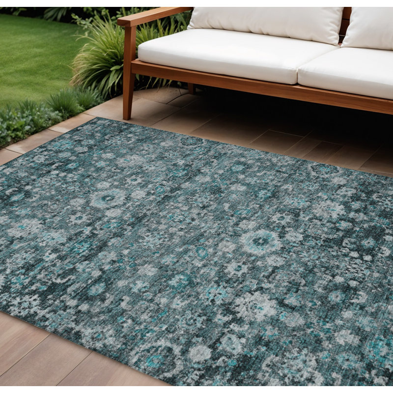 Tapis extérieur lavable vert foncé de 9 pi x 12 pi turquoise et charbon oriental