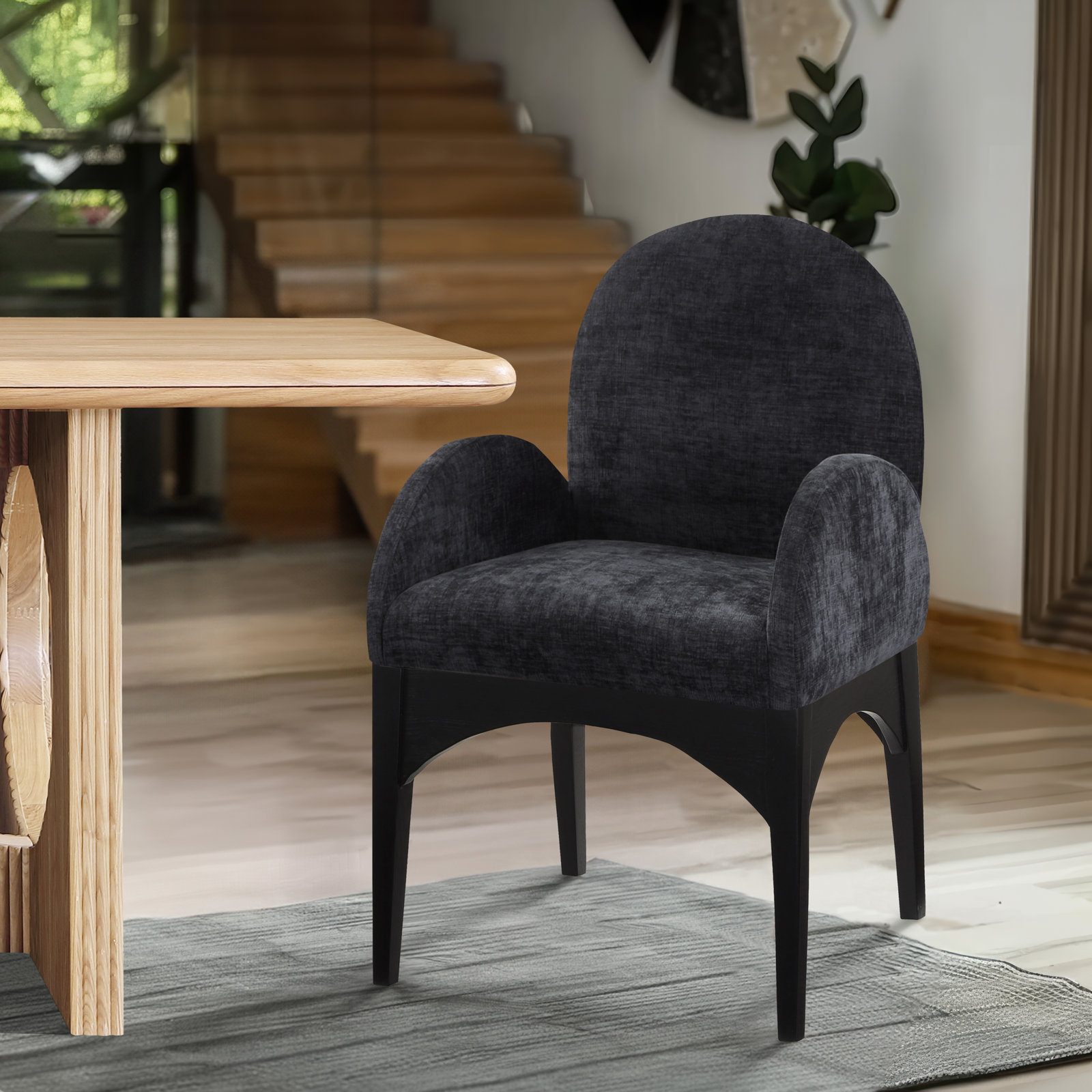 Waldorf Dining Armchair, Black Chenille, Black