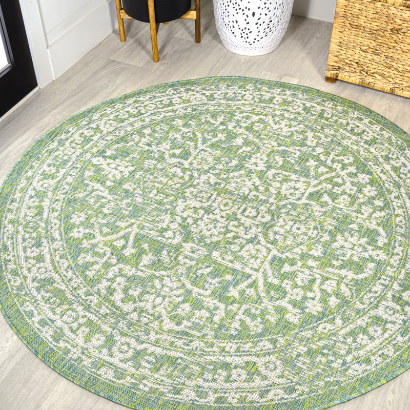 Tapis d'intérieur / extérieur crème / vert Massimo Bohemian Medallion, Rond 5 pi 3 po