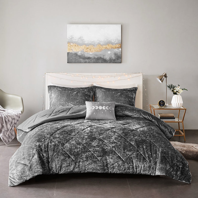 Édredon en velours gris Enchanting, Édredon pour lit double / grand lit + 3 pièces s, Gris
