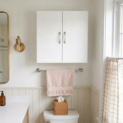 24 Inch Laundry Room Cabinet Wall Mounted, Wood Over The Toilet Storage Cabinet, Bathroom Organizer Cabinet with 2 Doors & Adjustable Shelves, Easy to Assemble for Kitchen, Garage - White