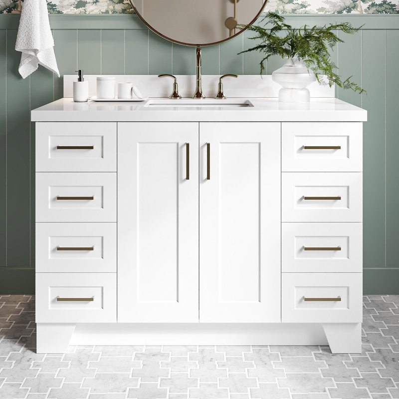 Freitas 48'' Solid Wood Single Bathroom Vanity, White, Rectangle, White Quartz