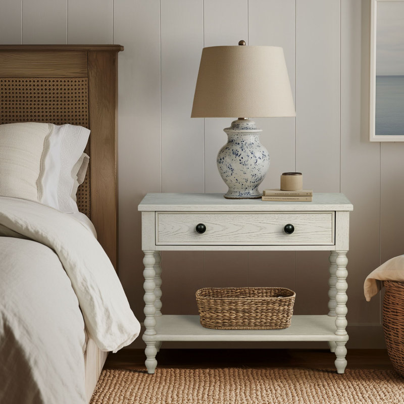 Grande table de chevet en bois avec rangement, crème antique, design d'inspiration rétro