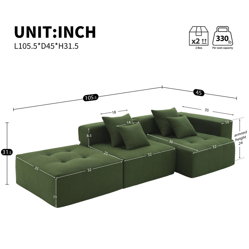 Canapé modulaire Boneless, Velours côtelé vert