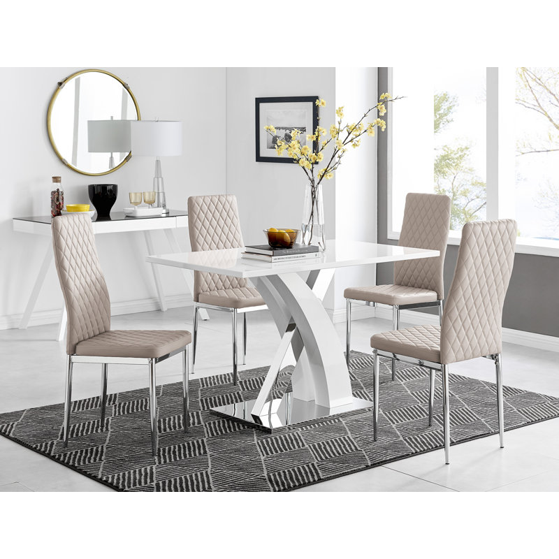 Marietta Chrome Metal & White High Gloss Dining Table Set - 4 Soft Touch Faux Leather Dining Chairs, Cappuccino/Silver