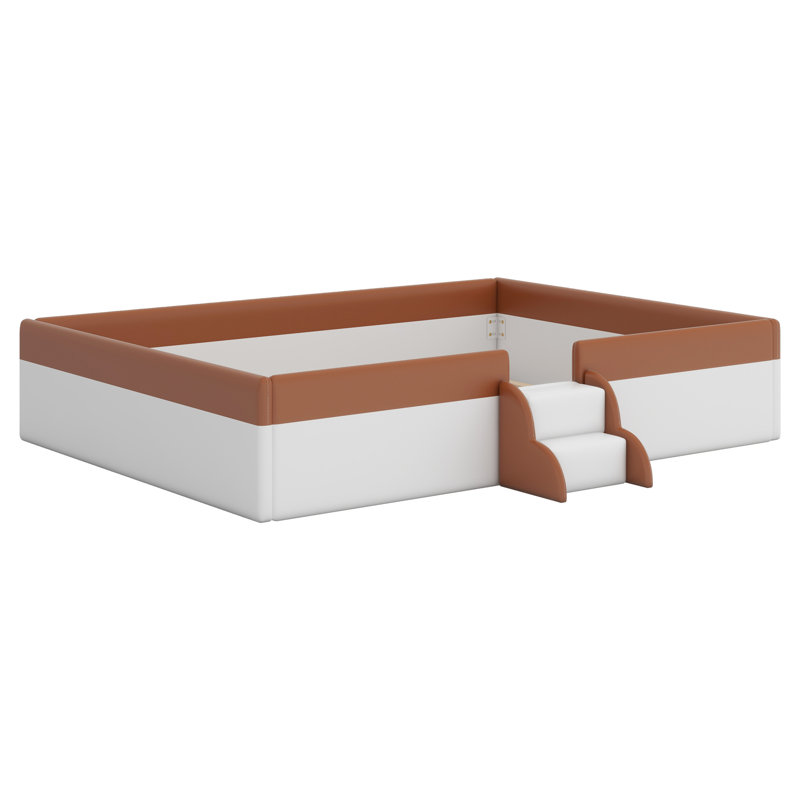 Upholstered Daybed Frame With Fence And Stairs, Brown/White