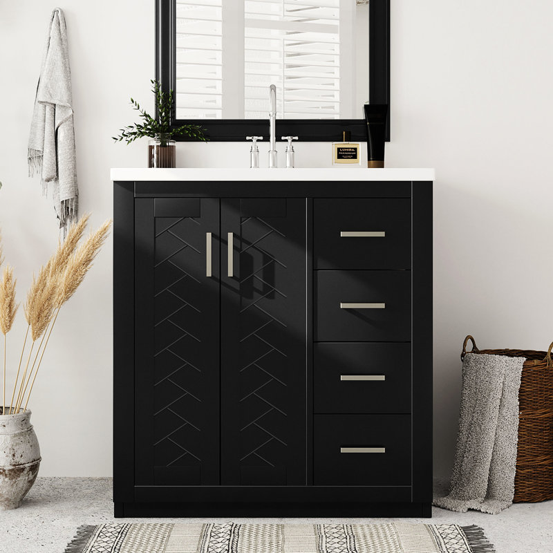 Meuble-lavabo de 30 po avec lavabo en résine - construction en bois massif, panneaux de rangement en bois noir de style rétro avec beaucoup de rangement Prospect