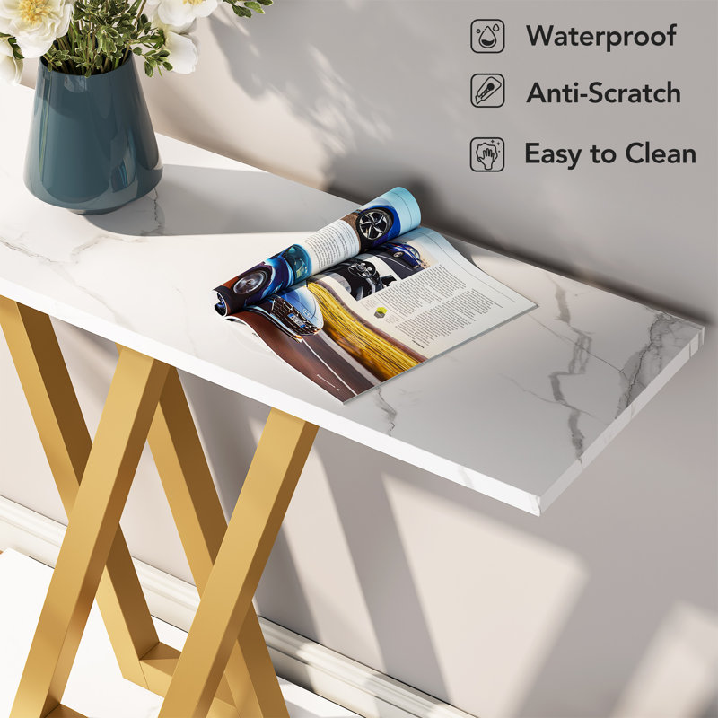 Gold and White Faux Marble Console Table with V-Legs
