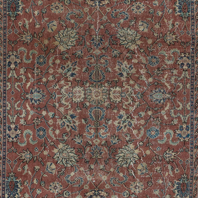 Tapis turc romantique fait à la main en rouge et bleu foncé avec motif botanique