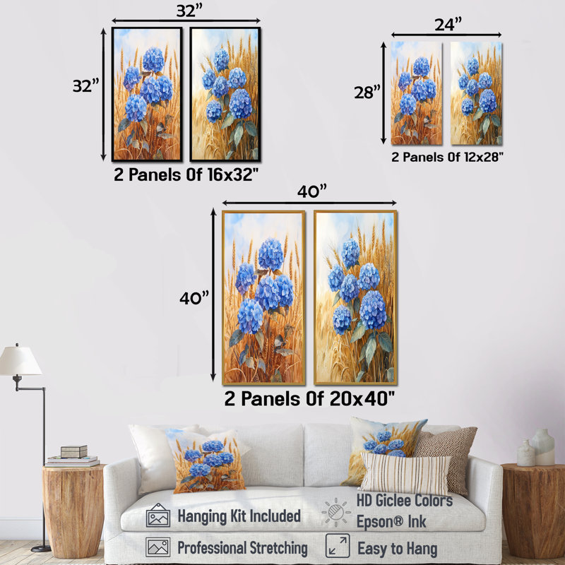 Paysage d'hortensias dans le champ de blé III - art mural floral 2 panneaux, 40" H x 41" W, Impression encadrée flottante