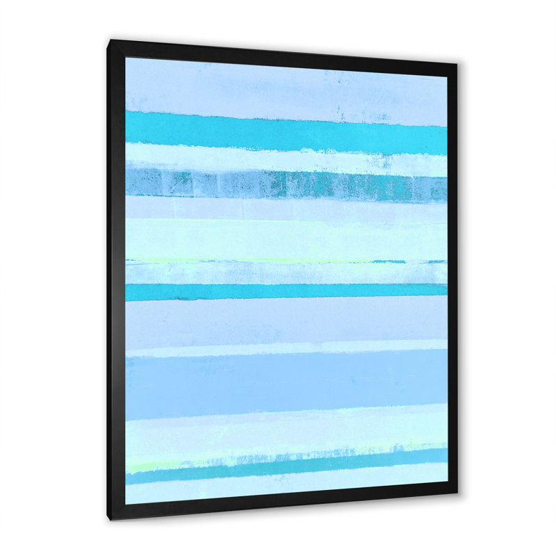 Turquoise sur bandes abstraites bleues - Art mural moderne et contemporain sur toile, Cadre noir, H 20 po x l 12 po x P 1 po