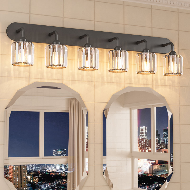 Dimmable Bathroom Vanity Light with Crystal Shade, Matte Black, 6 Lights
