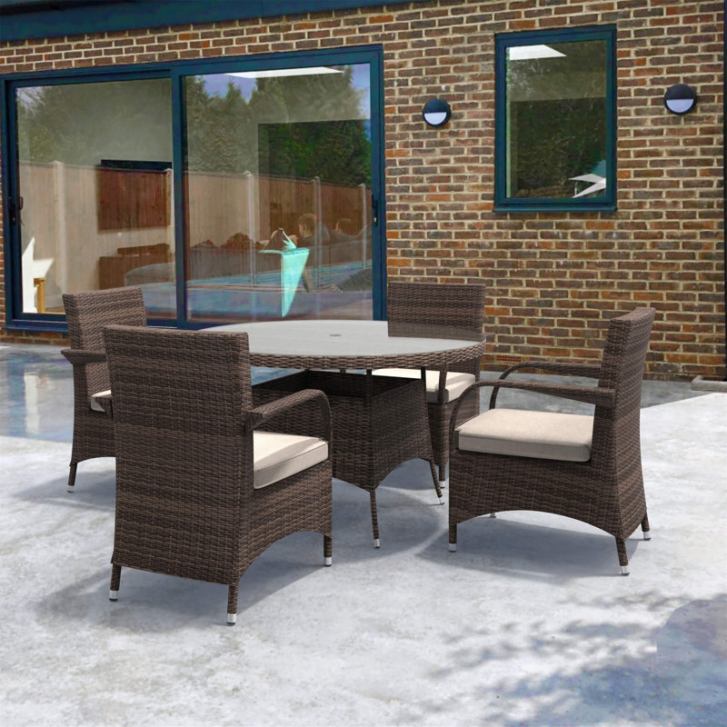 Abrihome 5-piece Outdoor Dining Set With Round Table In Pe Wicker And Cushions, Brown