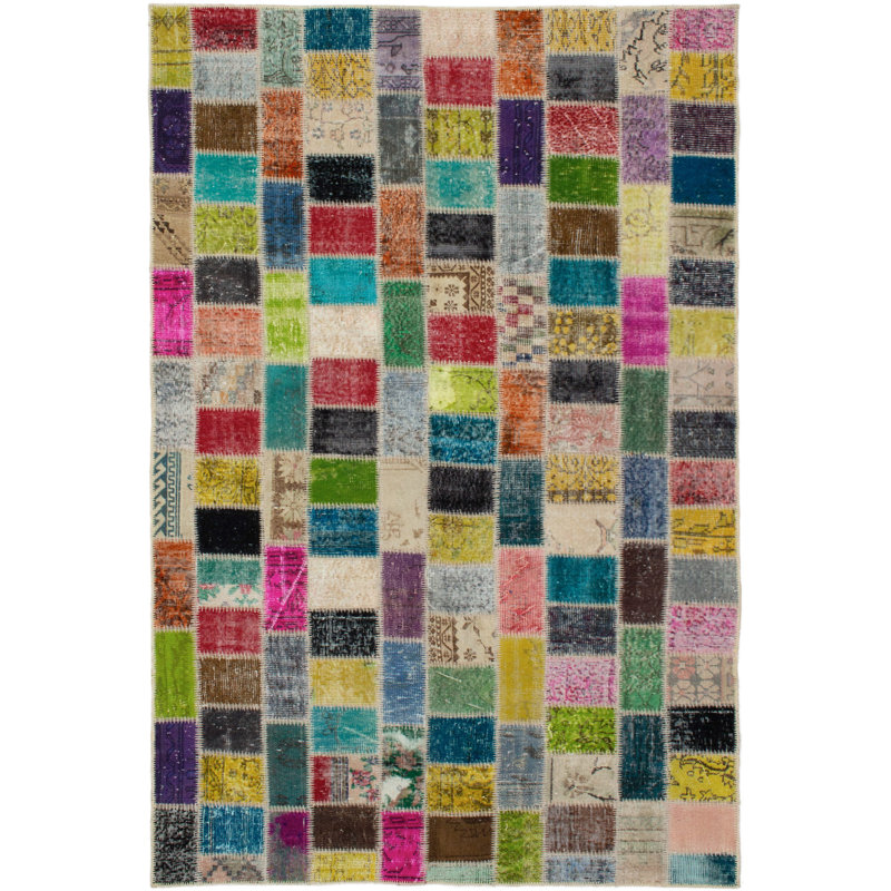 Tapis unique en laine noué à la main style patchwork des années 2010 de 5 pi 7 po x 8 pi 8 po vert / rouge / ivoire Kamello