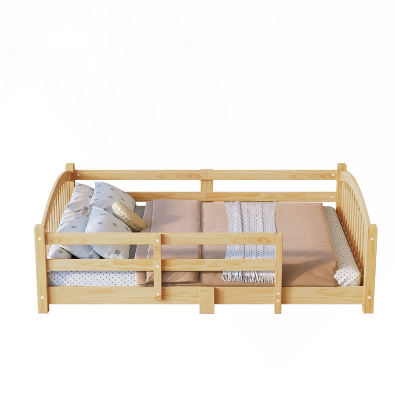 Lit sur pied en bois massif avec clôture et sans porte, Double, Naturel
