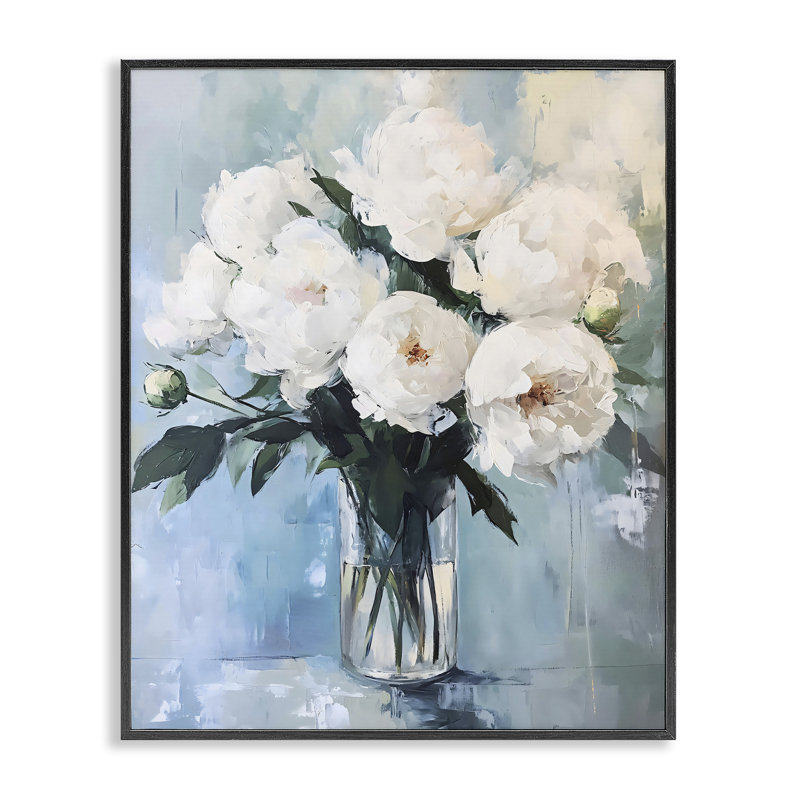 Vase de pivoines blanches, estampe numérique, design par LSR Creative Studio, H 20 po x l 16 po, Giclée encadrée noir minuit