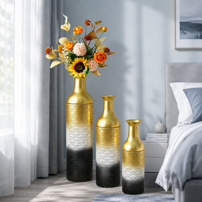 Ensemble de 3 vases de plancher en métal emboîtés, grands vases décoratifs blancs dorés pour le salon et l'entrée