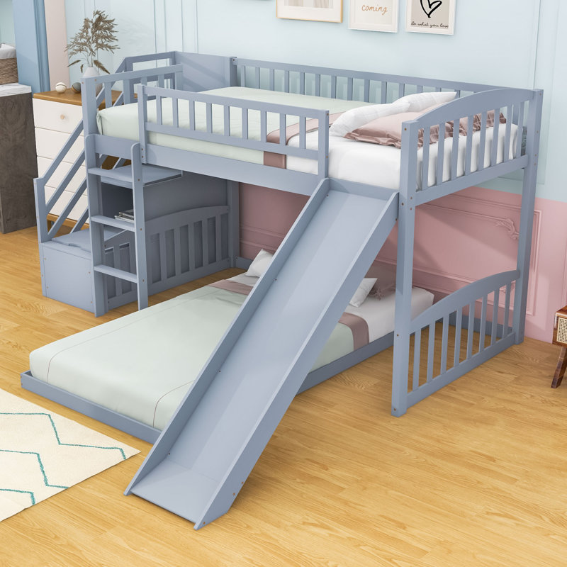 Wood Twin Over Twin Bunk Bed With Slide And Storage Staircase, Gray