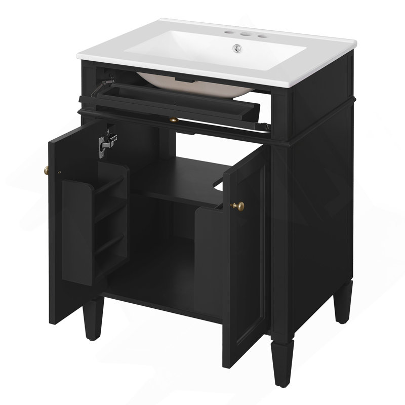 Meuble-lavabo 24 po avec 2 portes et tiroir escamotable, armoire de rangement de salle de bain avec lavabo, portes à fermeture en douceur avec organisateurs