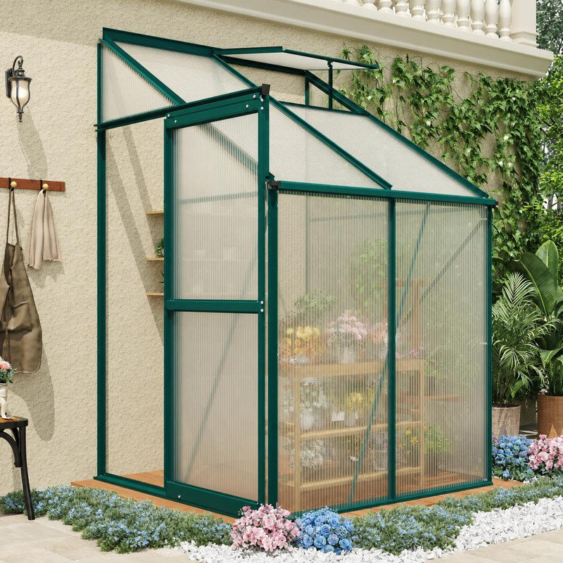 Serre de plain-pied 4 x 4 pi pour patio et cour arrière - Panneaux en polycarbonate, porte coulissante, évent de toit réglable