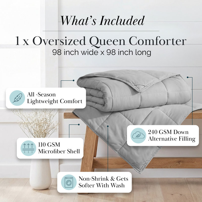 Southshore Fine Linens Vilano Down Alternative Comforter, 240 GSM Double-Brushed Microfiber Oversized All-Season Comforter with Box Stitching, Piped Edges and Corner Tabs, Full/Queen, Steel Grey