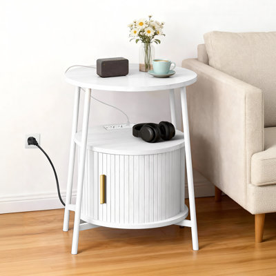 23.8''H Round End Table with Charging Station, Fluted Accent Side Table with Sliding Tambour Door and Hidden Storage for Living Room & Bedroom