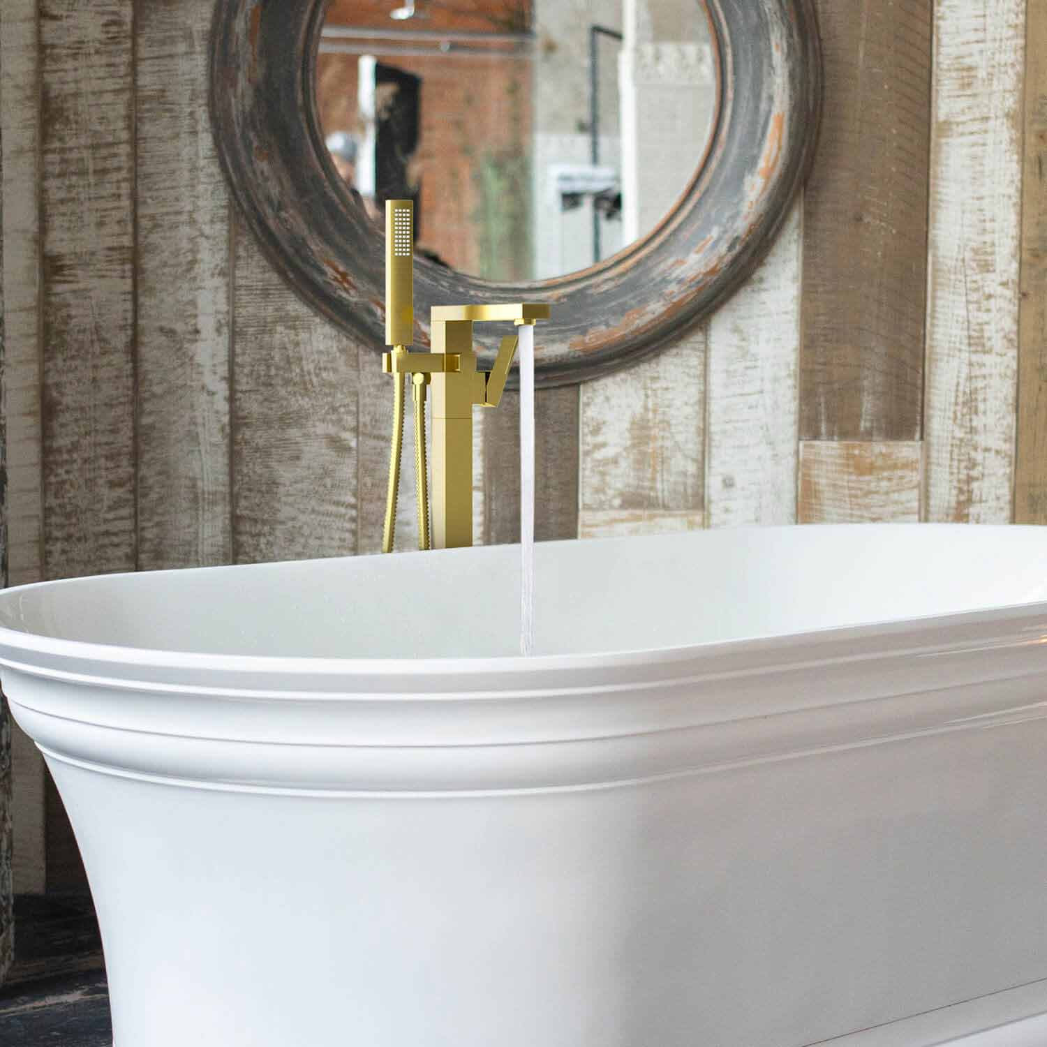 Cube Floor Tub Spout with Diverter, Brushed Gold