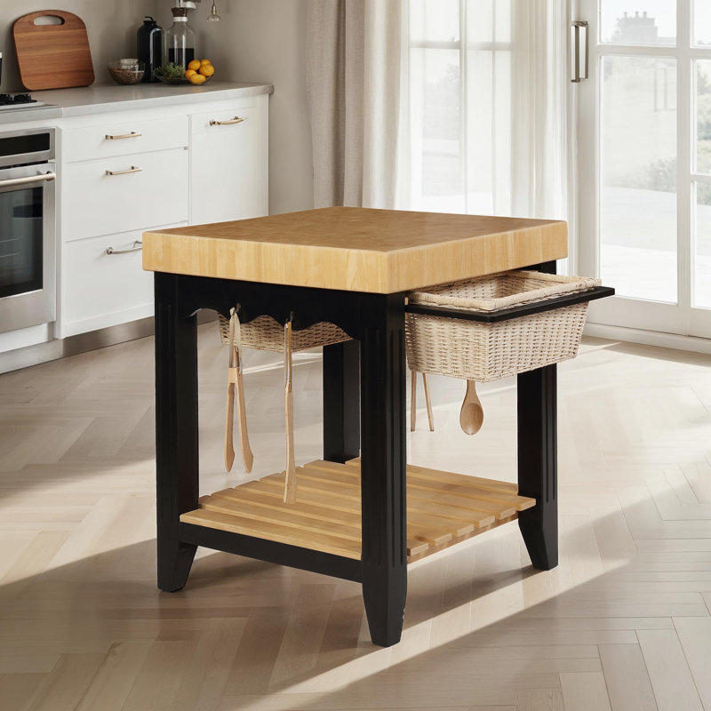 Îlot de cuisine avec surface de travail massive, paniers et tablette de rangement Behling, Noir