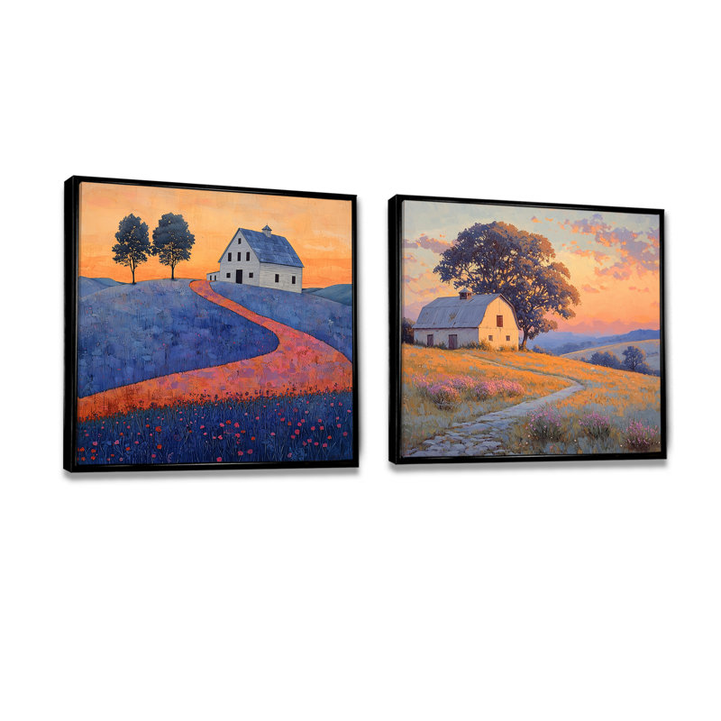 Paysage de ferme coucher de soleil en tons de bleu et orange I - Art mural de ferme - ensemble de 2 décorations murales traditionnelles