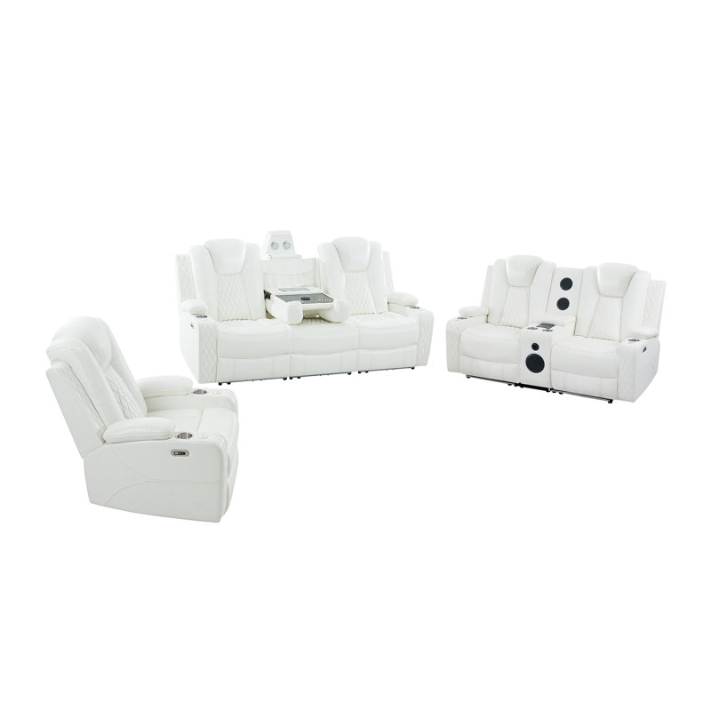 Ensemble de 3 fauteuils de mouvement de luxe, causeuse et canapé de qualité supérieure avec appui-tête réglable, Blanc
