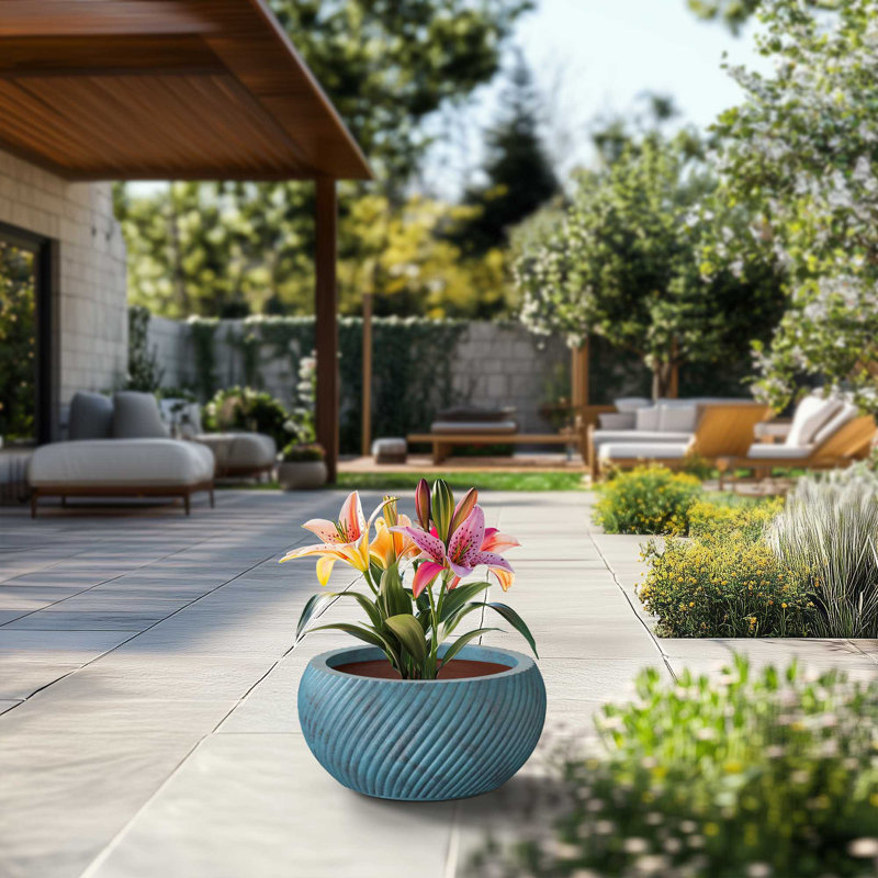 Medium Blue Patina (Upgraded Interior) Concrete Round Planter / Pot With Drainage Holes, 8.27'' H X 16.54'' W X 16.54" D