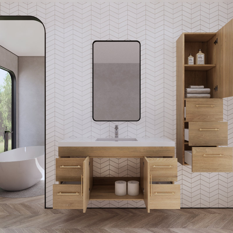Ensemble de meuble-lavabo simple mural 47 po Bastos, Chêne