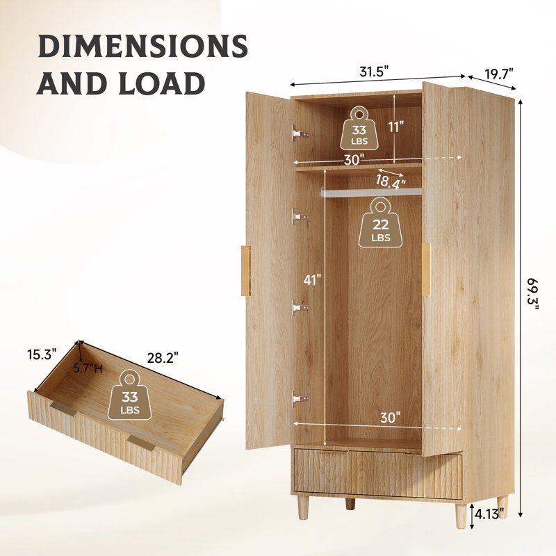 Wardrobe Armoire 2 Door 1 Drawer, Wood