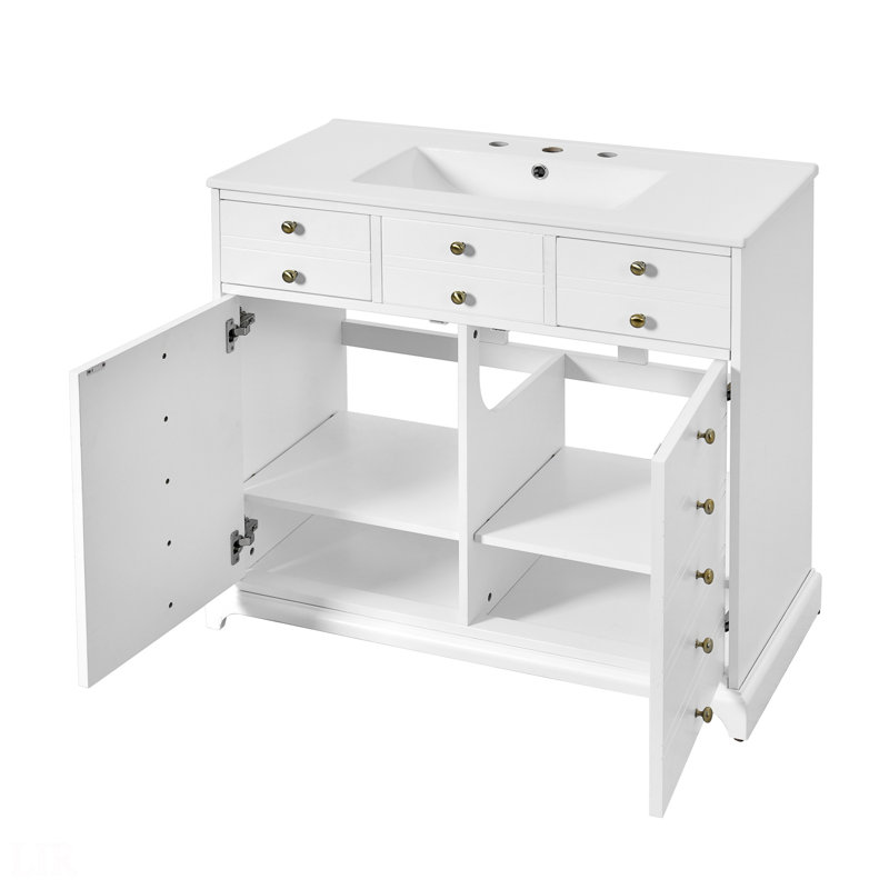 Ensemble de meuble-lavabo 36 po avec lavabo en céramique, armoire de rangement en bois massif, ensemble de meuble-lavabo autoportant avec 2 tiroirs et portes à fermeture douce, meuble-lavabo