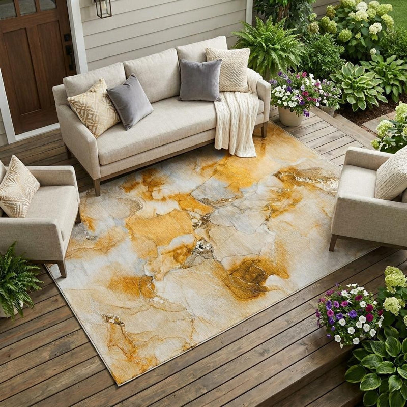 Tapis extérieur lavable abstrait orange et ivoire 10 pi x 14 pi