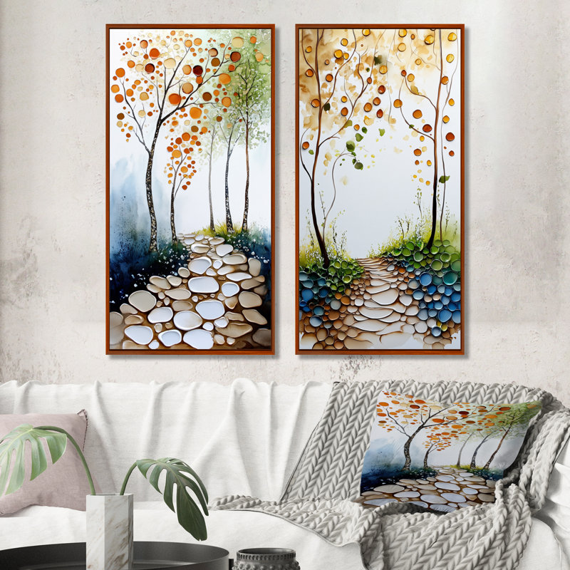 Chemin forestier verdoyant - Décoration murale forêt pour salon (lot de 2), 40" H x 40" W, Brown Floater Framed
