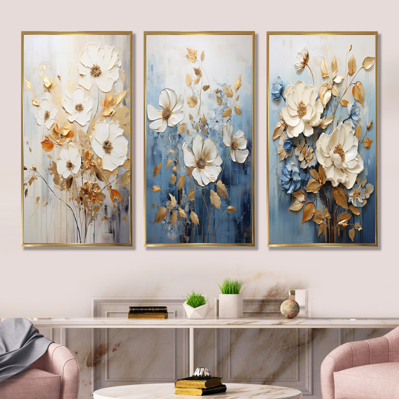 Ensemble de salon mural beige et bleu avec fleurs saisonnières, Cadre flottant doré, H 32 po x l 48 po
