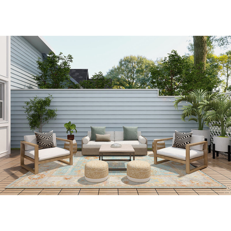 Bordered Floral Durable Performance Indoor/Outdoor Area Rug, Rectangle 5'1" x 7'6"