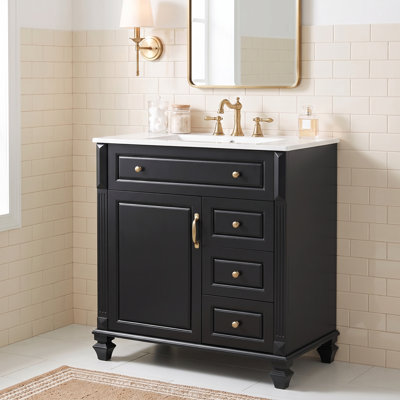 Meuble-lavabo standard autoportant de 76 cm (30 po) en bois massif et MDF, noir, lavabo en céramique, tiroir rabattable, 3 tiroirs et armoire de rangement