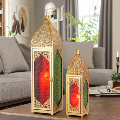 2 Piece Metal Glass Tabletop Lantern Set