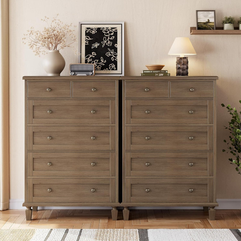 Vintage 6-Drawer Tall Dresser with Tapered Legs, Wood Chest, Light Brown, Brown