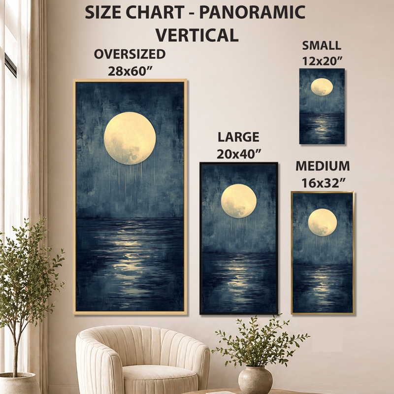 Bleu, jaune, jaune, lune, sur un lac audacieux, décor encadré, décoration murale dramatique, H 32 po x l 16 po
