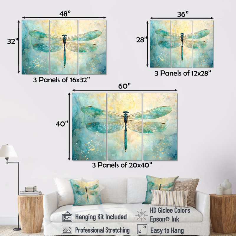 Emerald Dragonfly Iridescent Wings I - ensemble de reproductions d'art mural libellule, 28" H x 36" W, Toile tendue