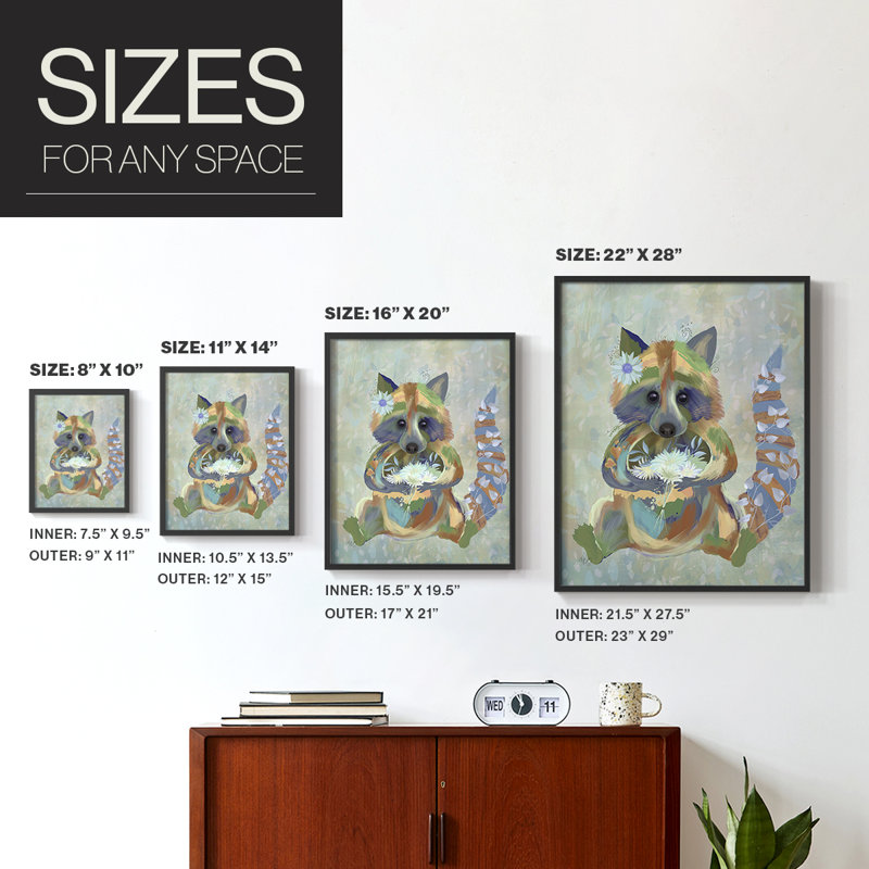 Fantastic Florals Raccoon, reproduction encadrée - bois massif, Noir, H 20 po x l 16 po