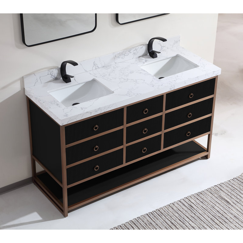 72" Double Vanity With Golden Brush Stainless Steel Frame And Tricorn Black Finish With 2' Thick Black Natual Stone Top, Gray