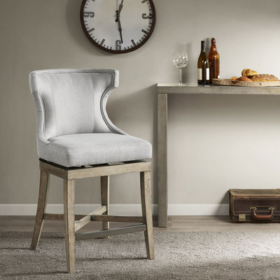 Grey Counter Stool With Wingback Style, Solid Wood Legs, 300 Lbs Capacity, 24.96"D Elegant Bronze Nailhead Detail,