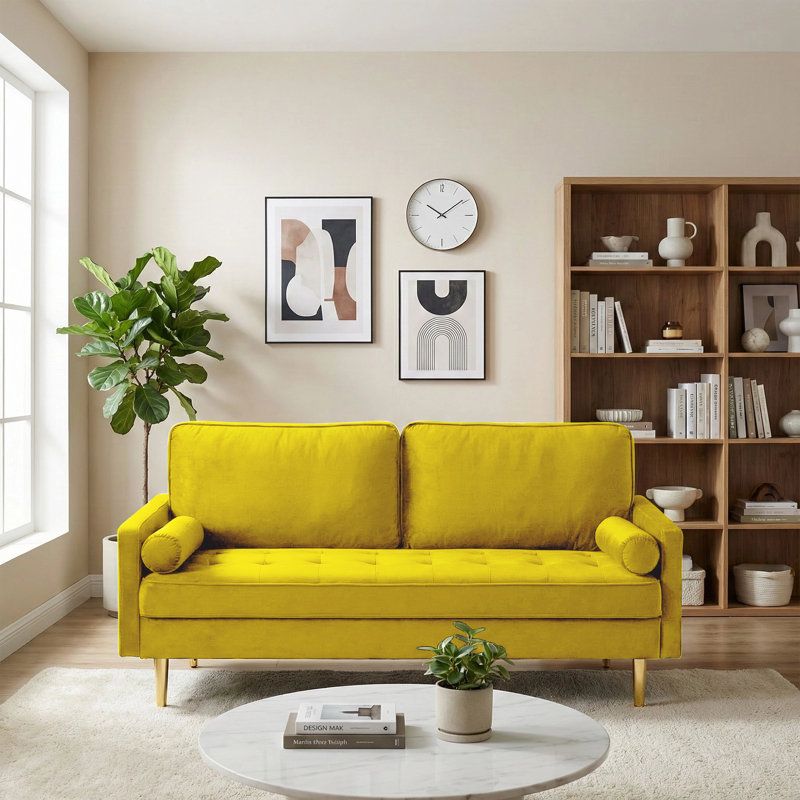 67" Mid Century Modern Loveseat Sofa, 2-Seater Velvet Tufted Love Seat Couch with Bolster Pillows, Golden Frosted Legs for Small Space, Living Room, Apartment, Bedroom