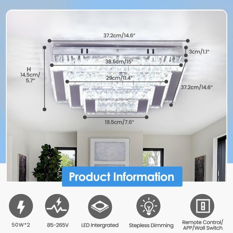 Modern Led Crystal Ceiling Light Three-tier Square 6500k 4880lm Suitable For Living Room, Bedroom, Kitchen, Balcony, Basement And Office 14.6-inch Ceiling Base (non-dimmable)