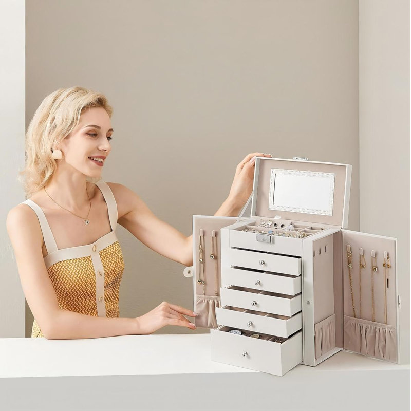 Large Jewellery Box, 6 Tiers, 5 Drawers, Lockable, with Mirror