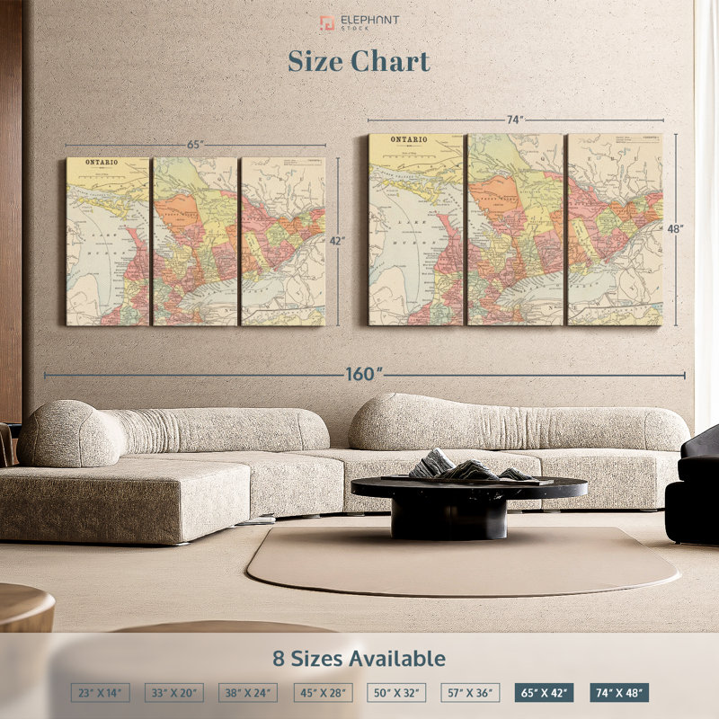 «Map of Ontario», reproduction sur toile, H 48 po x l 74 po x P 1,25 po